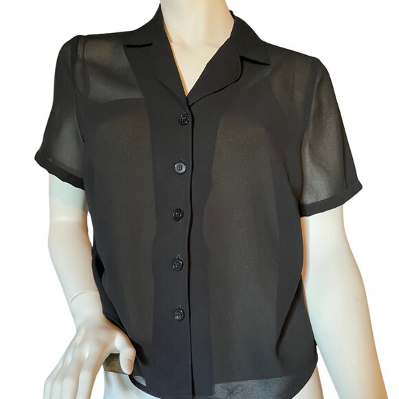 Never Worn. Black see through short sleeve top. Button front. - Picture 1 of 7